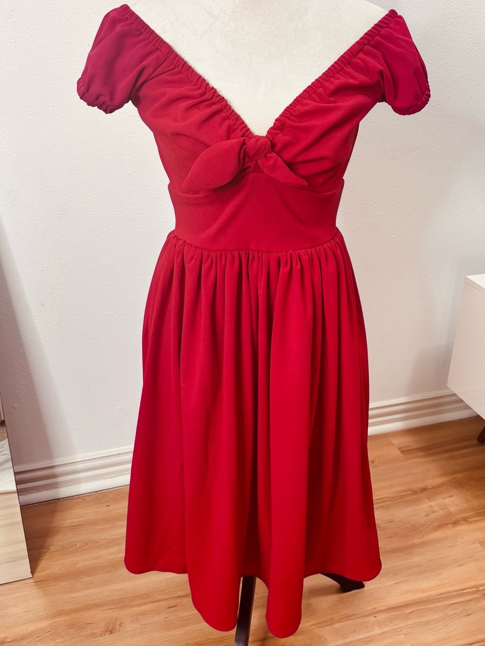 Pinup Couture Red Off-Shoulder Tie-Front Midi Dress